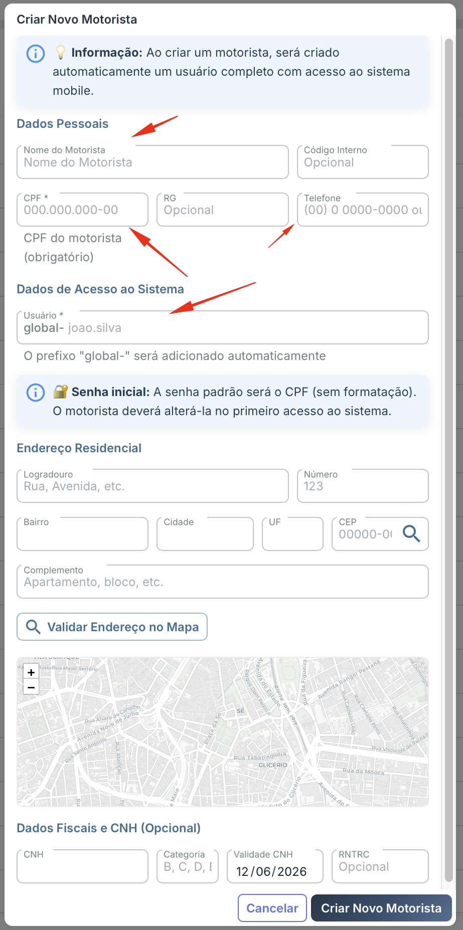 Formulário de cadastro de motorista