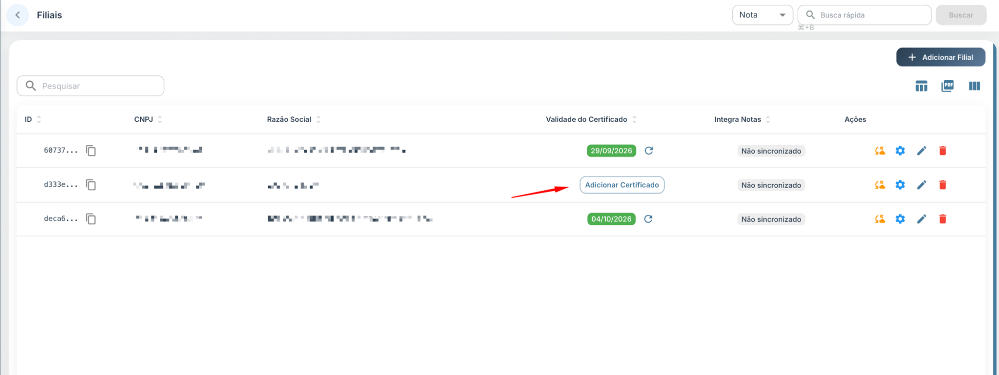 Listagem de filiais com destaque para o botão Adicionar Certificado