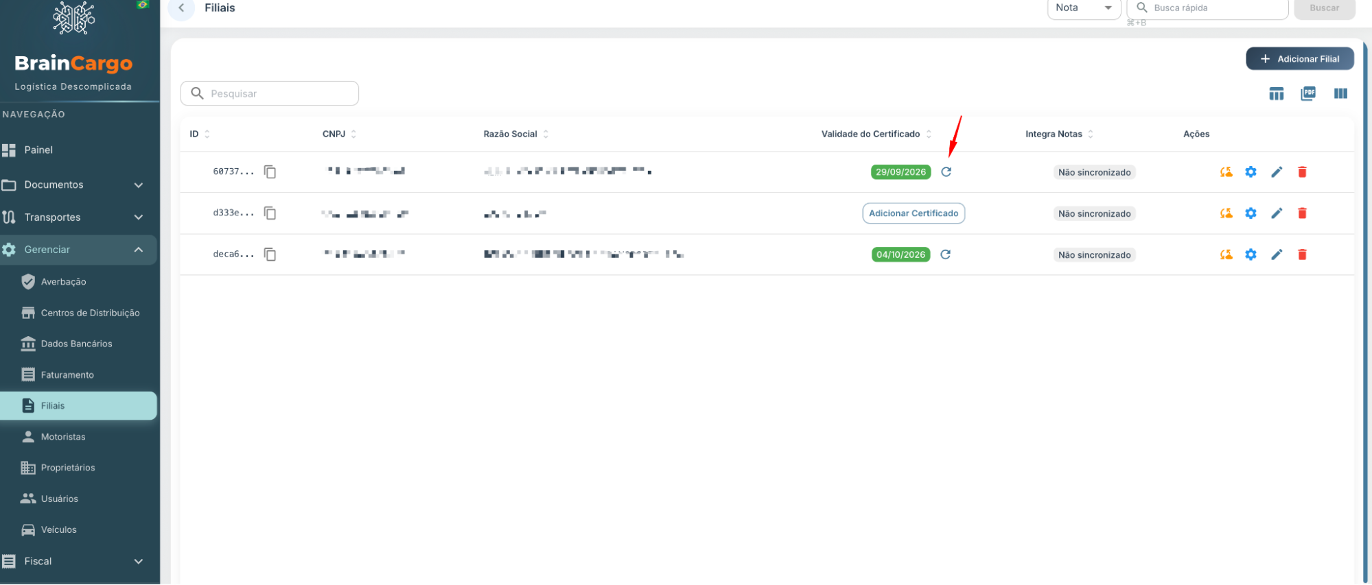 Listagem de filiais com destaque para o ícone de atualizar certificado