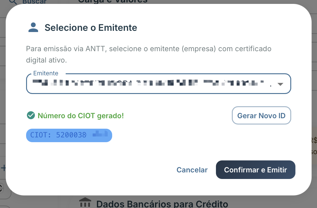 Modal de seleção do emitente e geração do número do CIOT