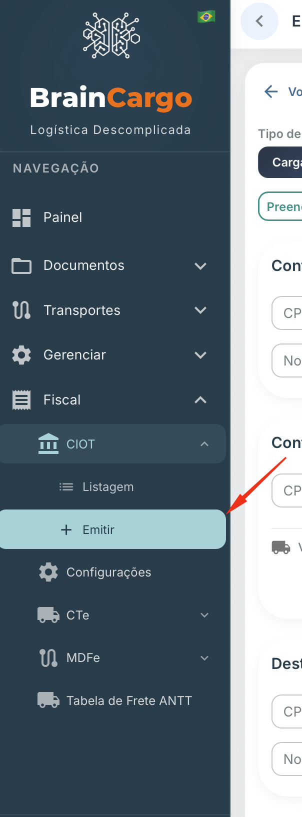 Tela de emissão de CIOT