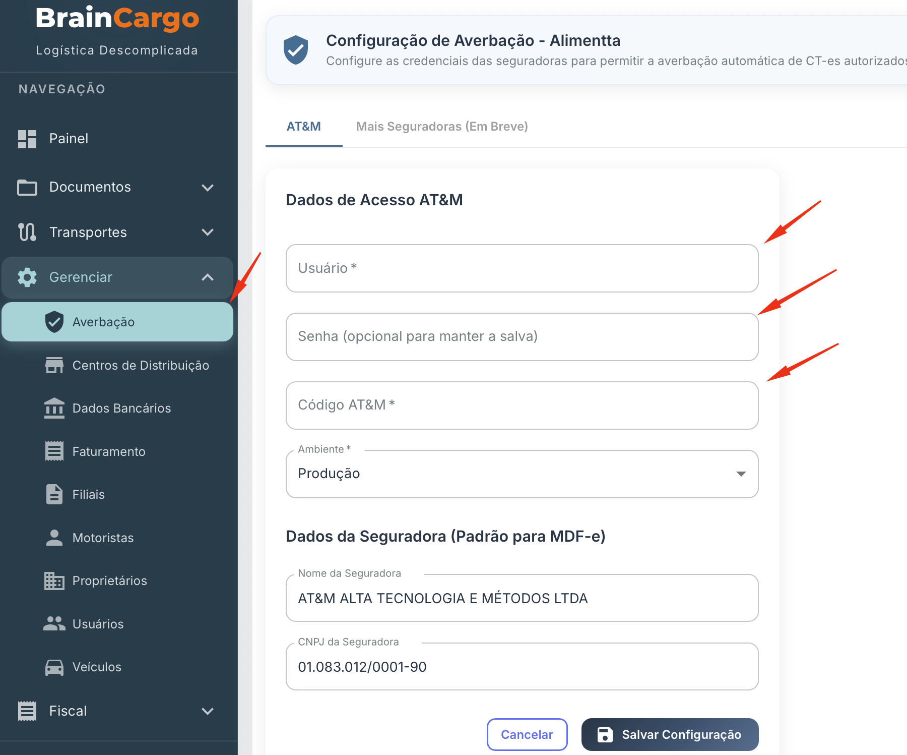 Cadastro de dados da seguradora AT&M para averbação automática