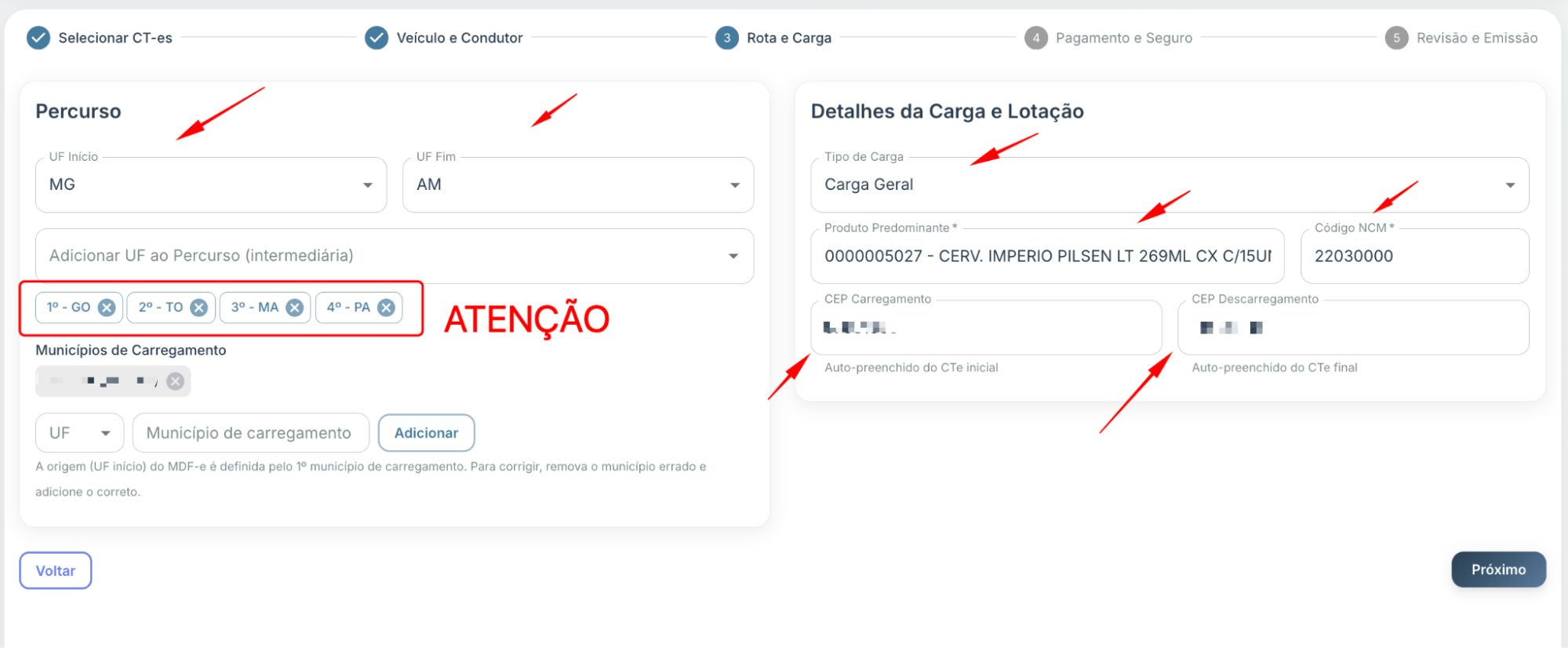 Campos de percurso (UFs intermediárias)