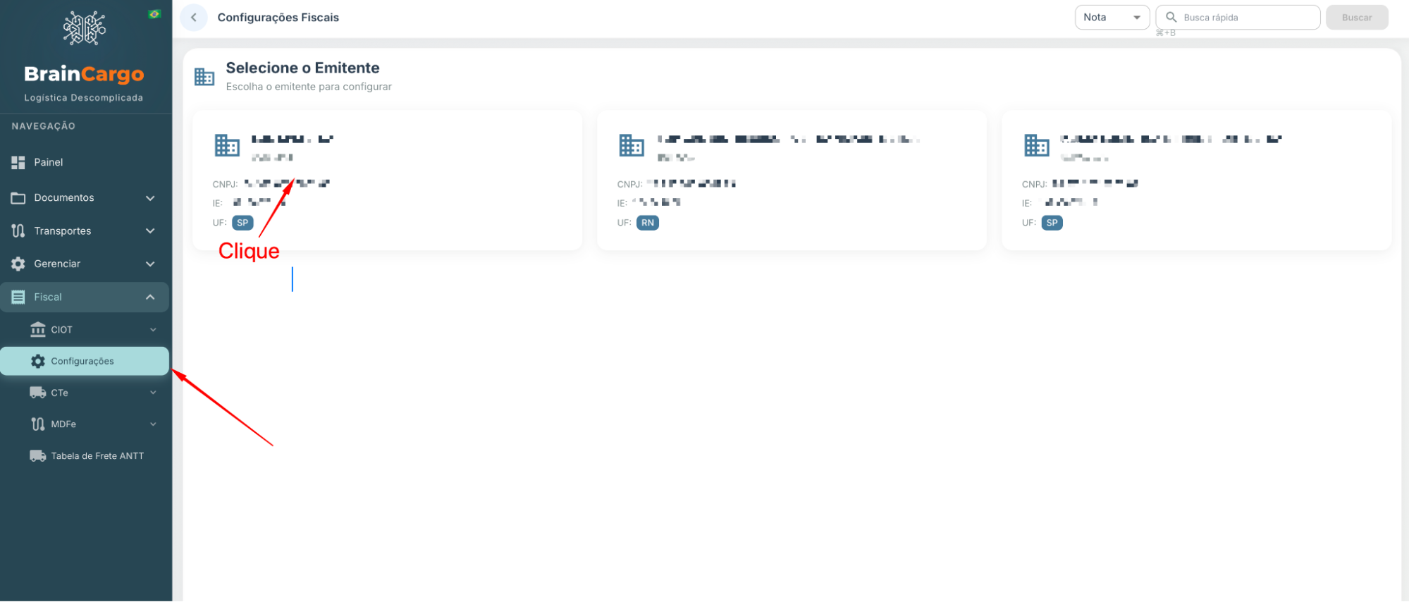Menu Fiscal com a opção Configurações