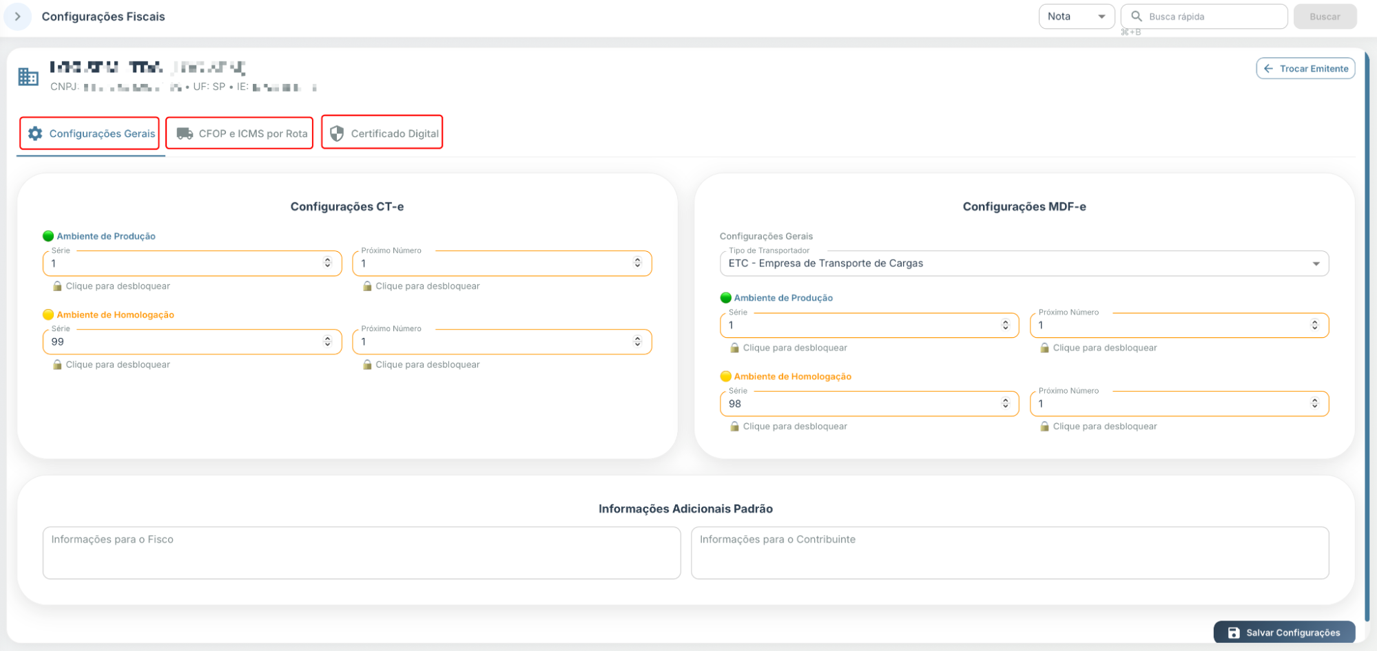 Tela de configurações do emitente com as três abas