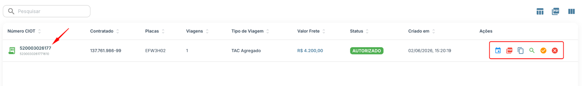 Colunas e informações do CIOT na listagem