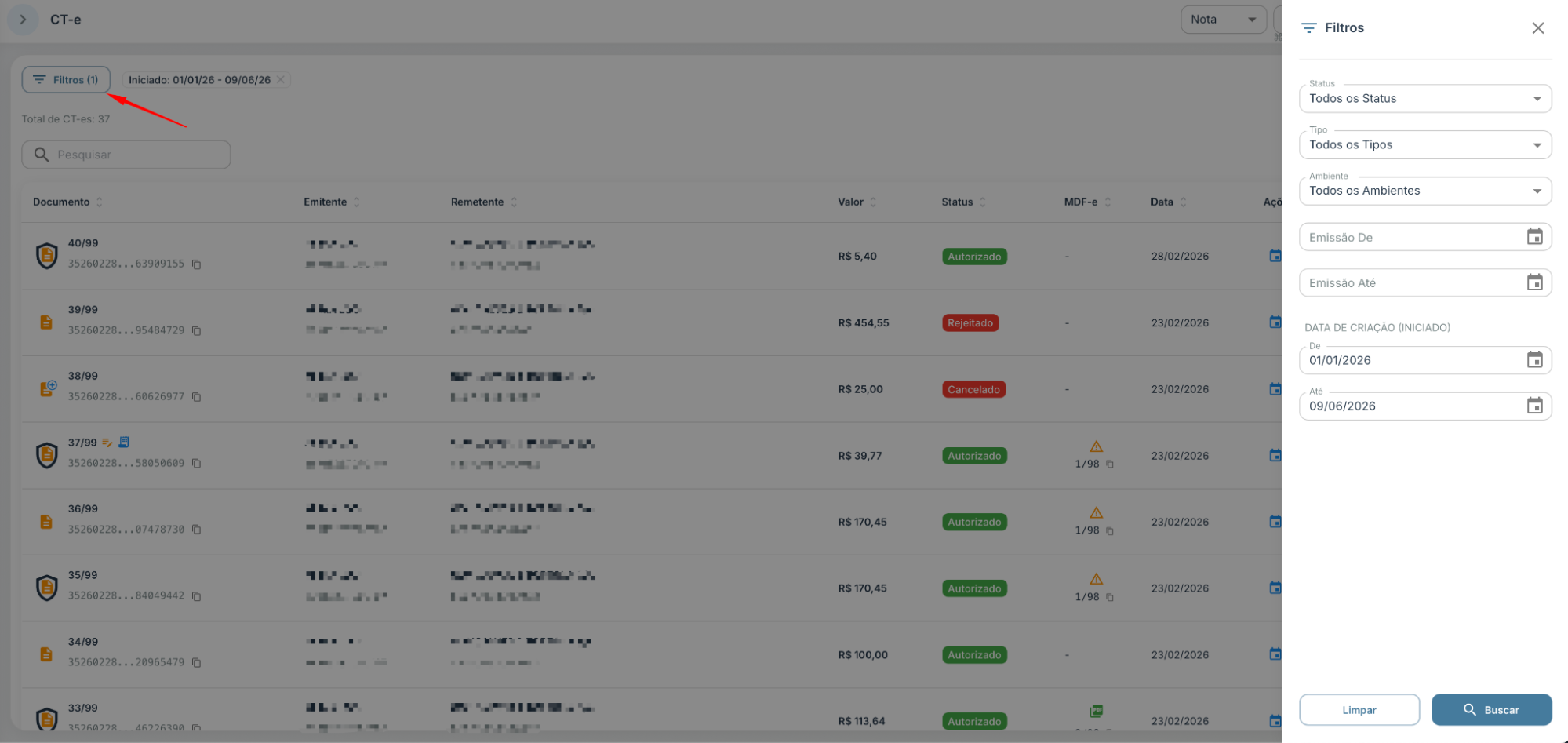 Listagem de CT-e com filtros