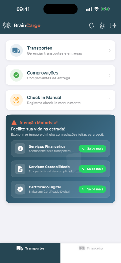 Tela inicial do app BrainCargo com Transportes, Comprovações e Check-in